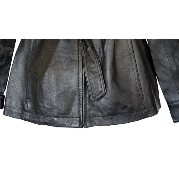 East 5th Black Leather Jacket Womens Size Petite Small Ties at Waist Zip Front - Picture 4 of 16